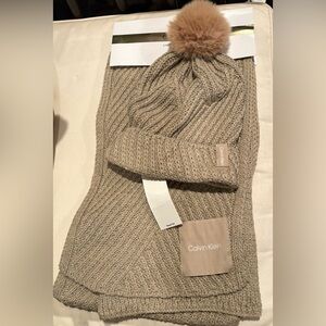 Calvin Klein Knit Beanie / Hat and Scarf Set - Cream and Tan